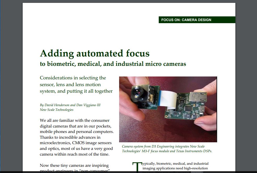 Adding automated focus to biometric, medical, and industrial micro cameras  - New Scale Technologies